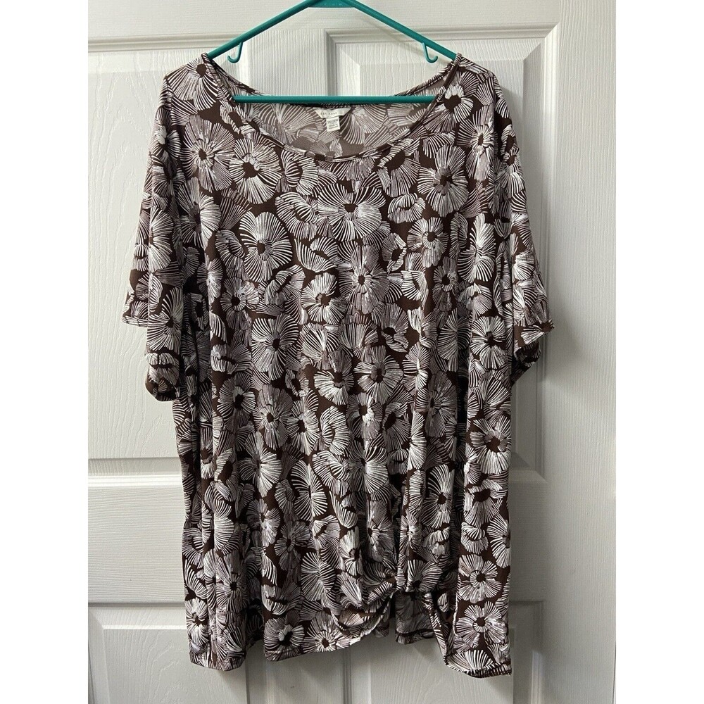 EST 1948 Top Womens Plus 26/28 Brown White Stretchy Knit Top Front Knot Textured